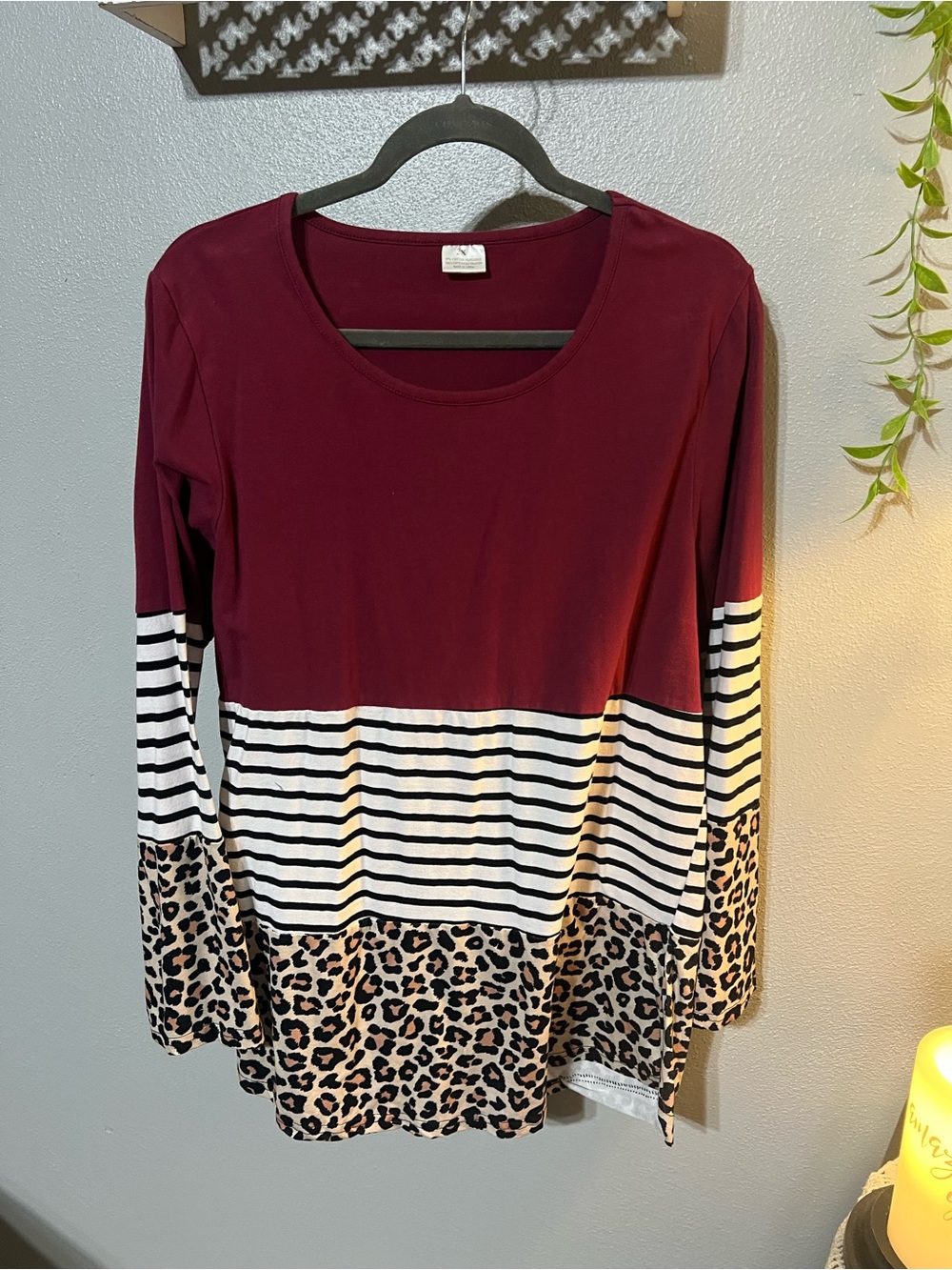 Women’s Burgundy Colorblock Long Sleeve Top with Stripes & Leopard